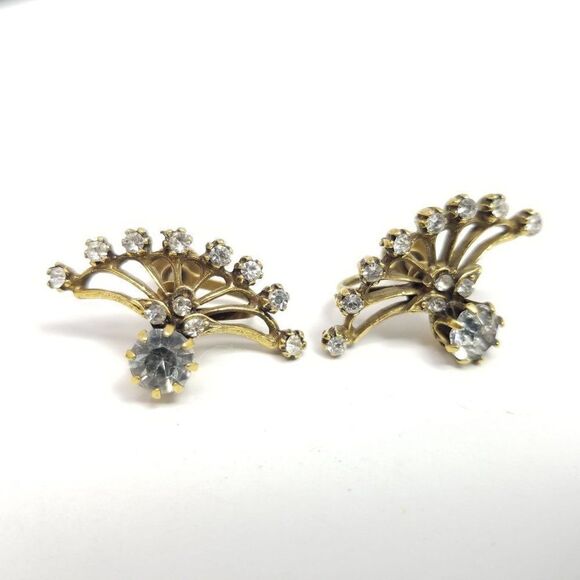 Vintage Rhinestone Wing Fan Shaped Clip On Earrings, Screw Backs Gold Tone Retro - Picture 2 of 6